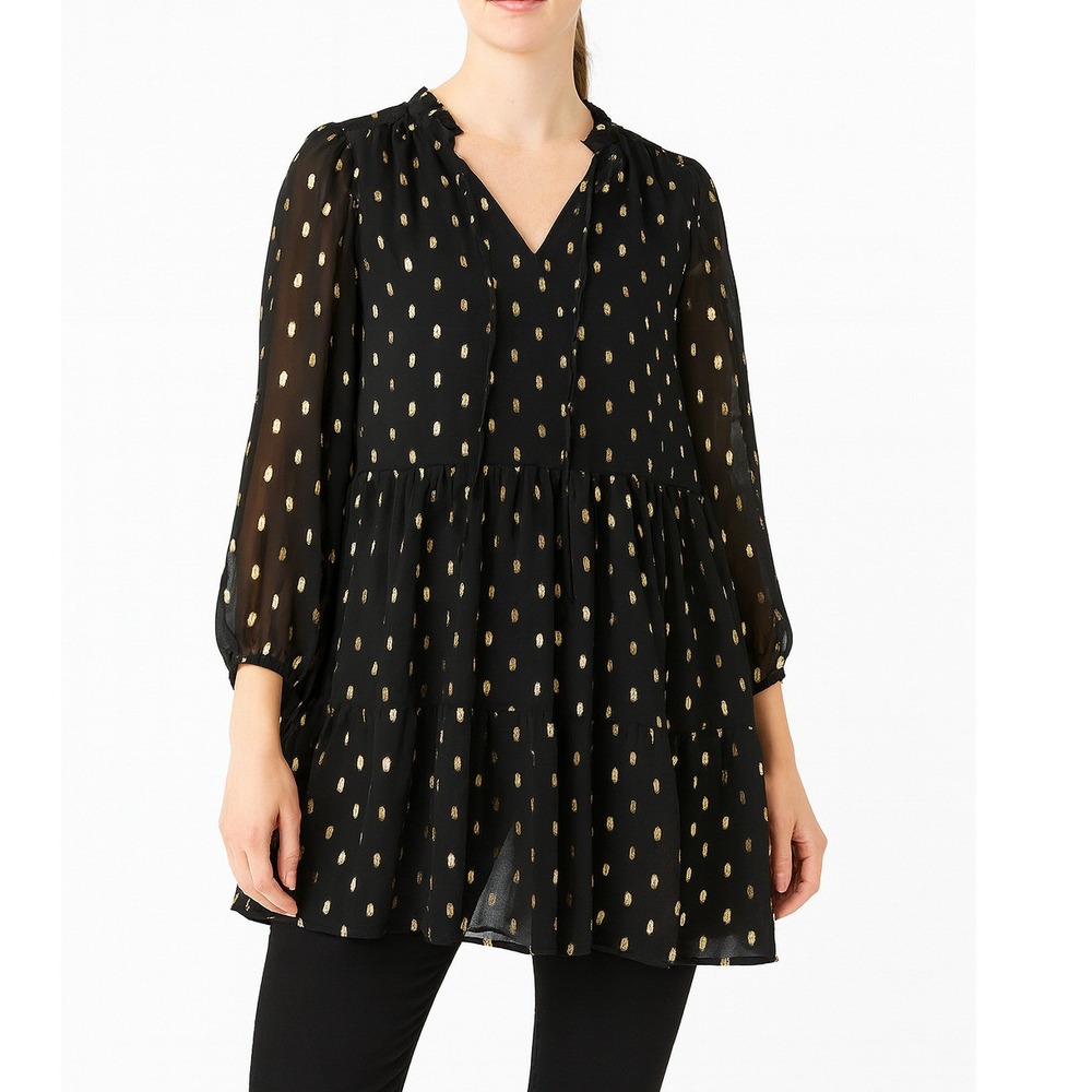 LOFT Outlet Petite MP Black Gold Metallic Dot Tiered Tunic  Blouse Dressy Lq